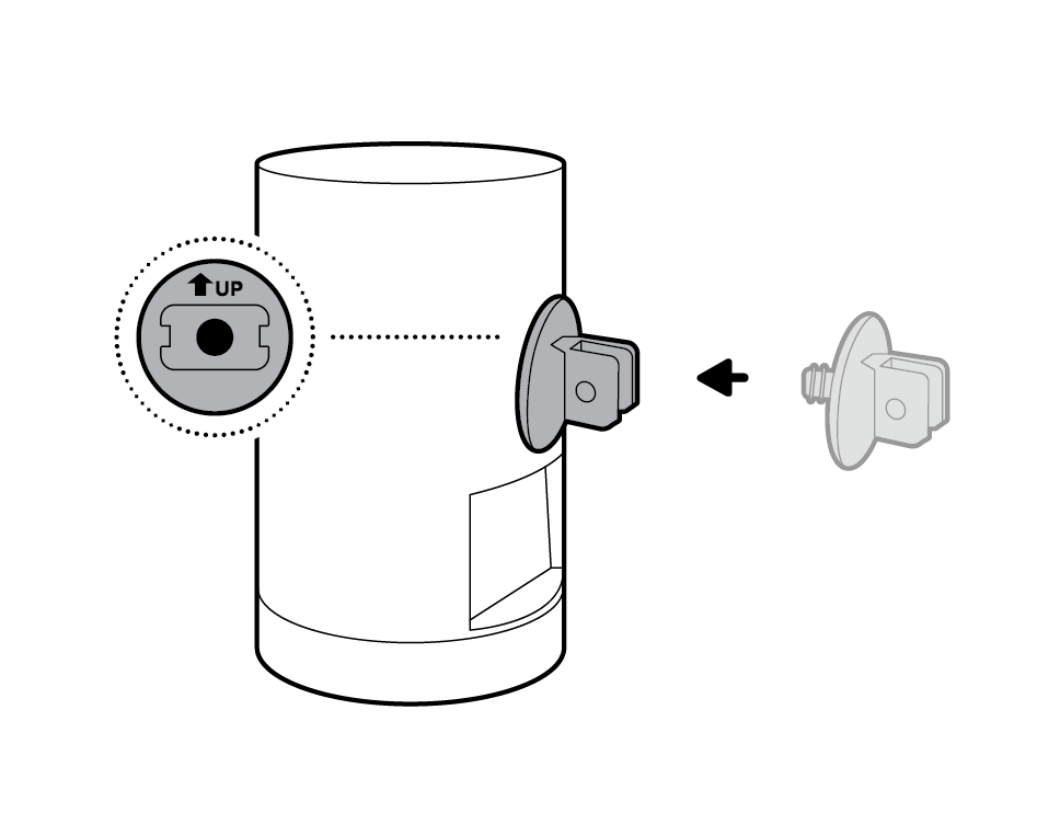 Illustration of a hex joint inserted into the back of the camera with the cable groove vertically aligned with the up arrow, indicating the correct position.