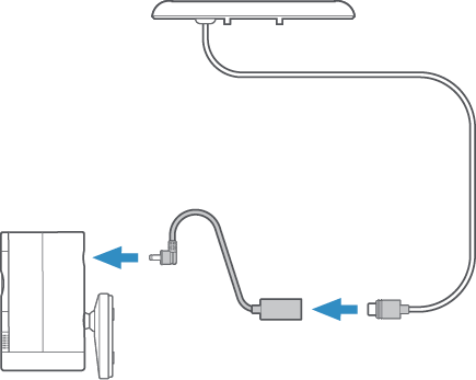 Illustration of how to connect your Solar Panel to your Ring device by plugging in the Barrel Connector or USB-C to Barrel Converter.