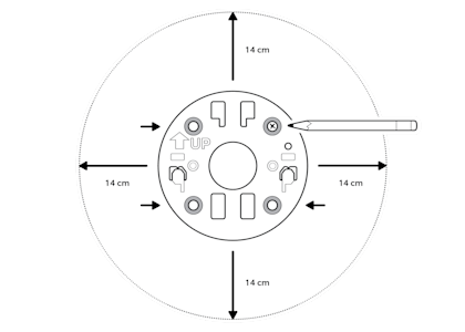 Pencil to mount with arrows and 14cm measurements to show template for mount installation
