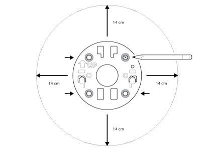 Pencil to mount with arrows and 14cm measurements to show template for mount installation