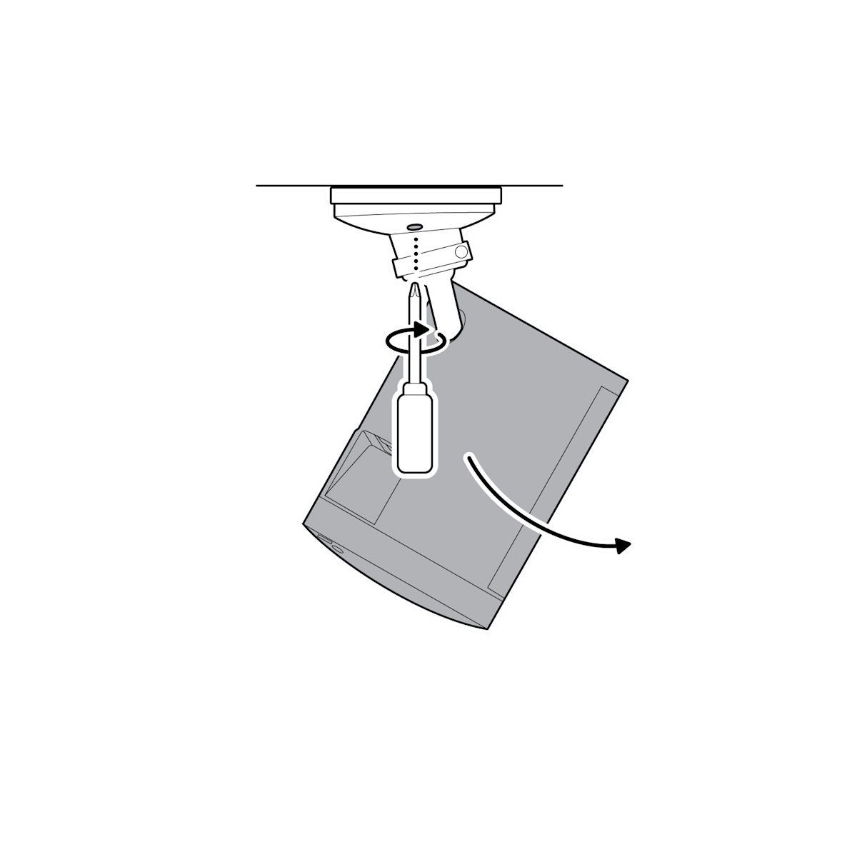 Arrow pointing away from the Spotlight Cam (2nd Gen) to rotate the camera with a screwdriver to tighten the security screw