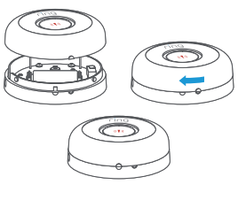 Illustration of a Panic Button with the cover lifted, showing the battery compartment and an arrow pointing left showing how to replace the cover.