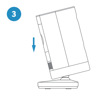 Illustration of a Stick Up Cam with an arrow pointing down in front of the camera showing how to tilt the camera downward.