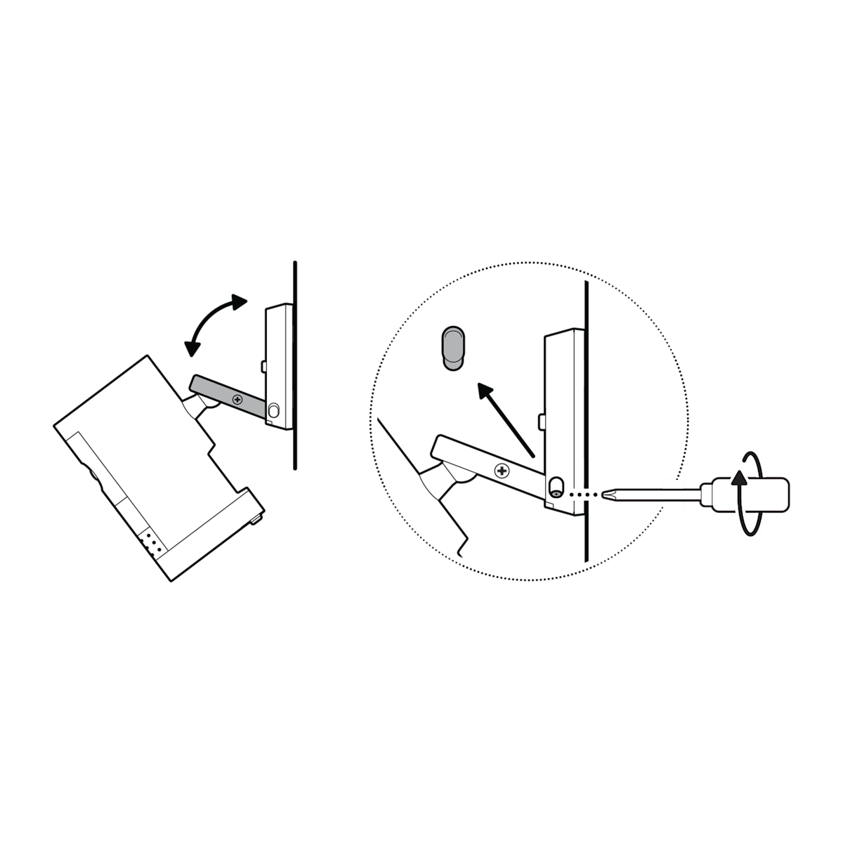 Illustration of the camera’s position range. After adjusting the position, the rubber cap has been removed to tighten the screw and then replaced.