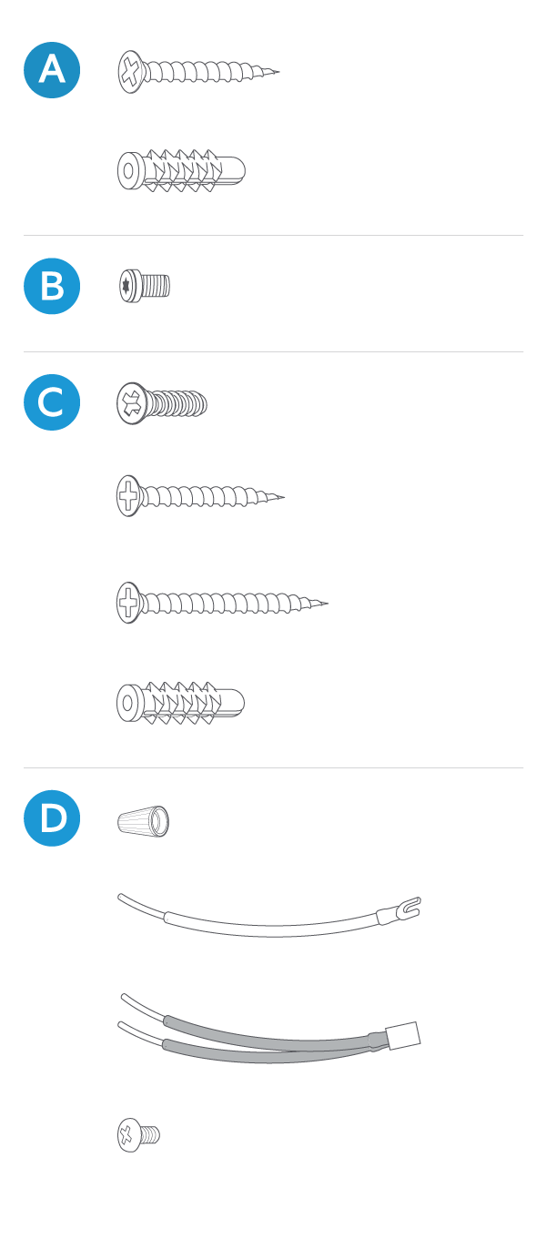 Illustration of the various hardware included for installing the Wired Doorbell Plus.