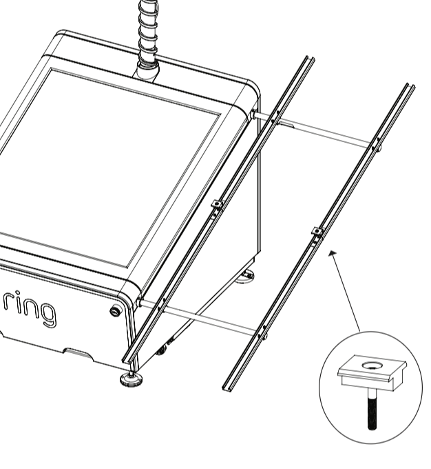 An illustration of the Solar Panel mid-clamps being attached to the rails with screws.