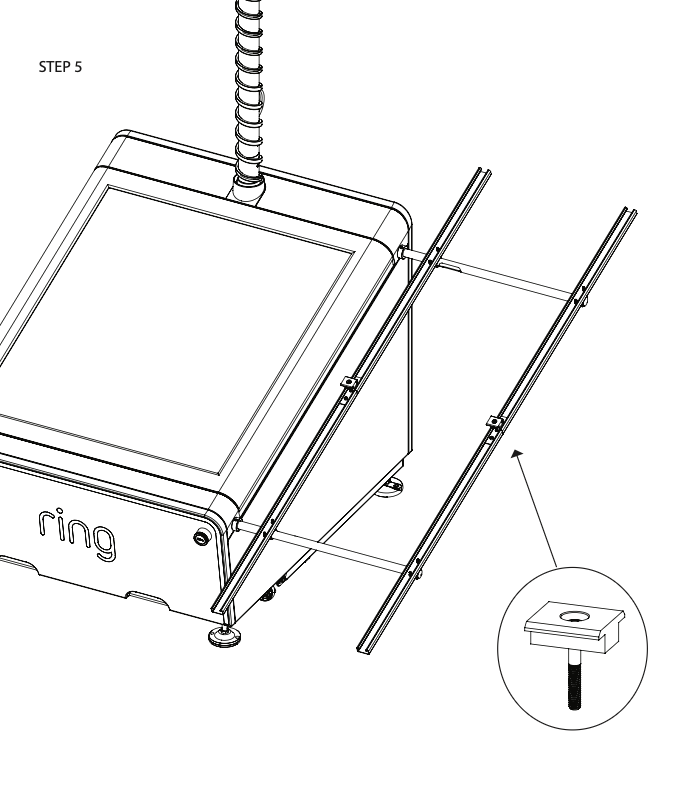 An illustration of the Solar Panel mid-clamps being attached to the rails with screws.