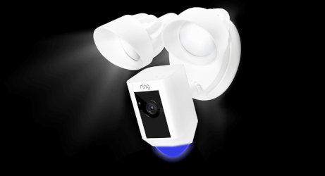 Floodlight Cam, Floodlight Cam Wired Plus, and Spotlight Cam speaker enabled and camera recording light pattern solid blue light.