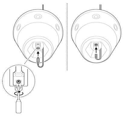 An illustration of the Ethernet cable or USB-C cable being plugged in, with an example of the security screw being tightened for a USB-C cable.