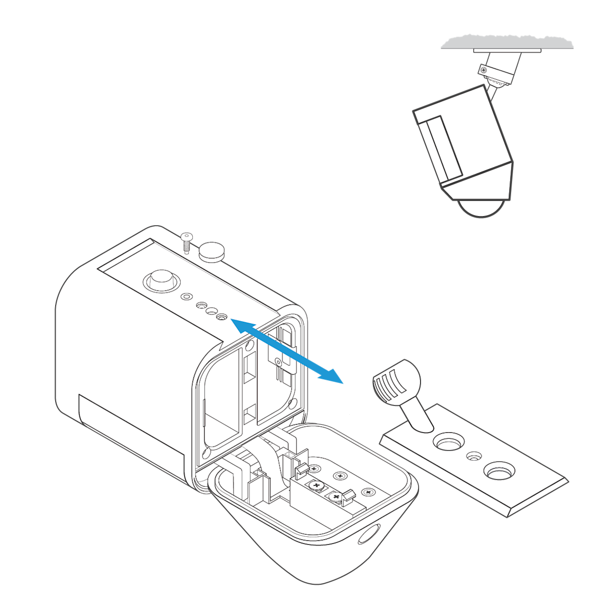 Illustration showing how to install Spotlight Cam on an eave or overhang with the ball socket pointing up on the mounting plate.