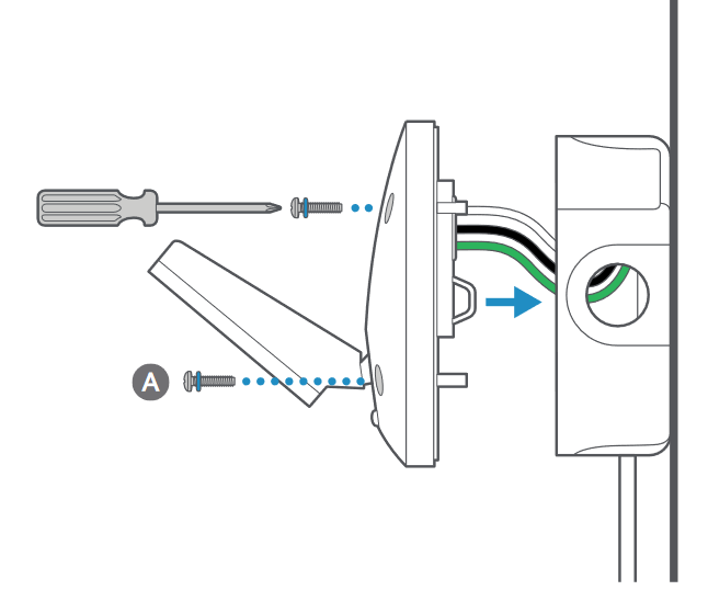 Illustration showing to gently put the wires in the junction box and secure the wired mount to the adapter plate with 2 machine screws with o-rings.