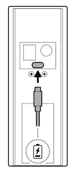 Illustration showing how to attach the USB-c power cable to charge the device. 