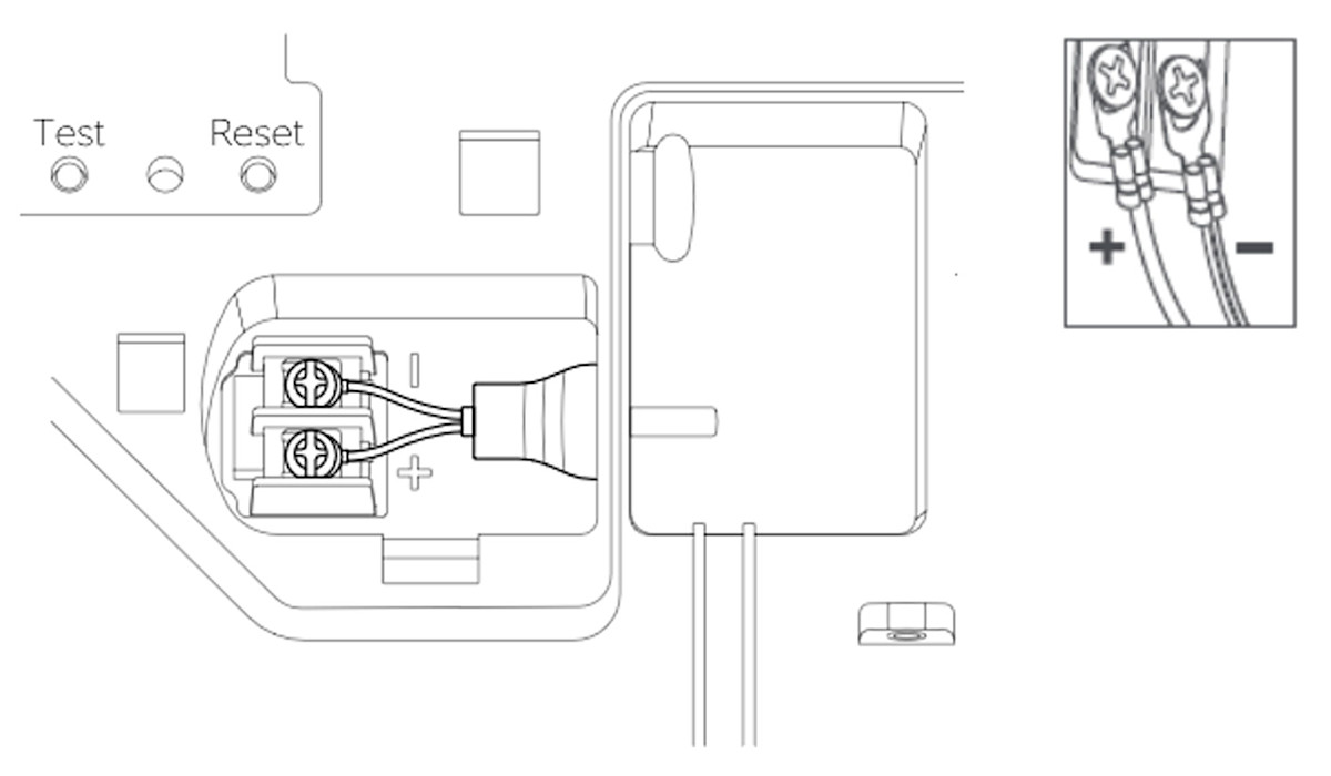 Outdoor Siren wiring diagram showing test/reset buttons, positive/negative terminals, and mounting bracket connections.