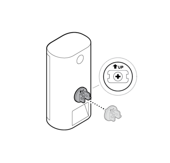 Illustration to show tightening the included hex joint onto the back of your camera, with the UP indicator pointing up.