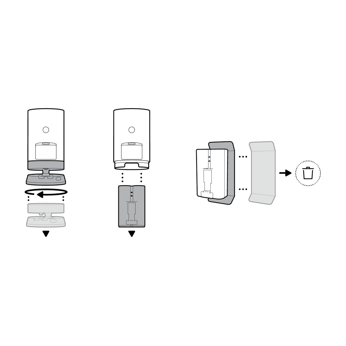 Illustration showing the battery cover being twisted to remove the battery and discard the orange battery insulator.
