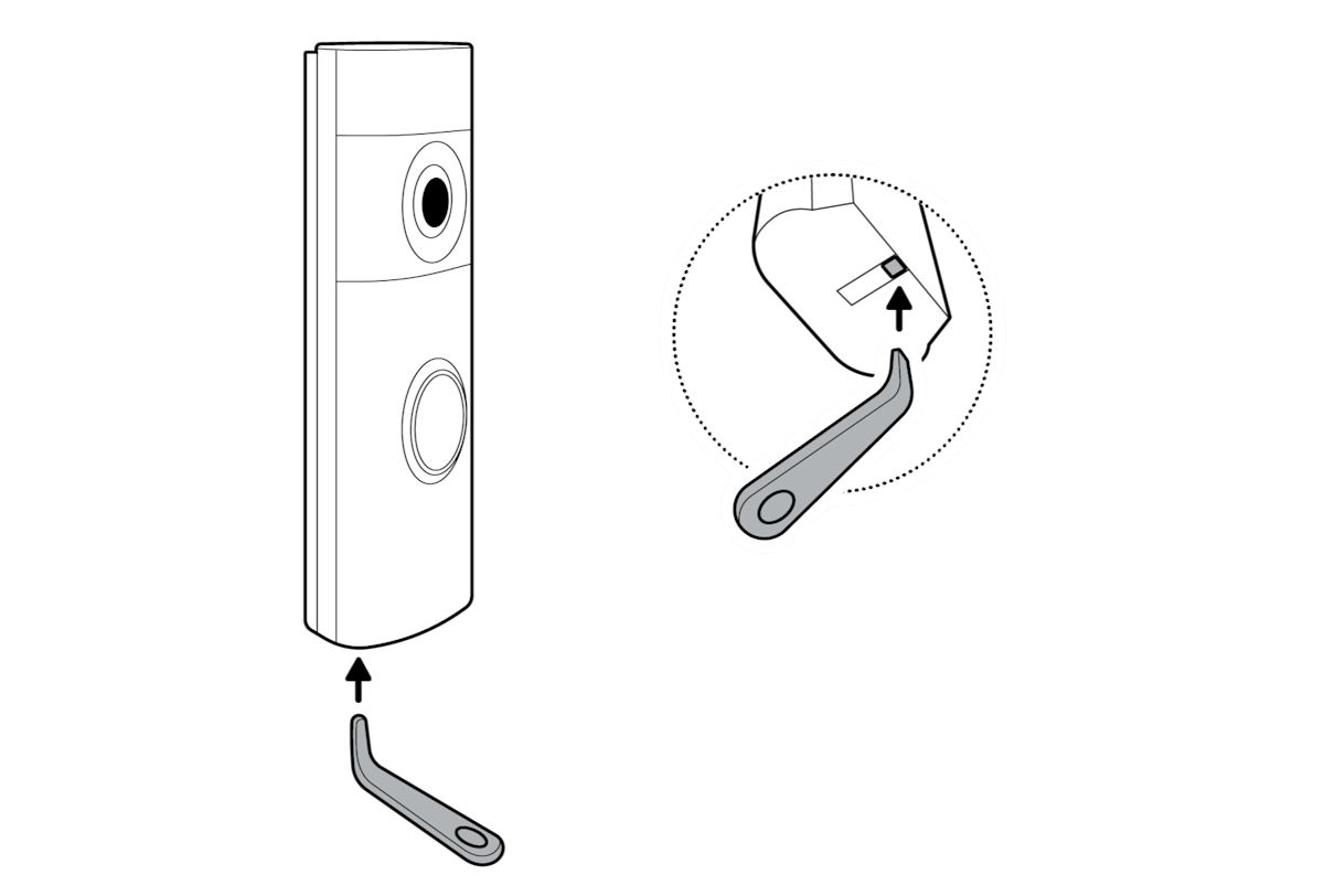 Diagram of a Wired Doorbell Pro 3rd Gen with key insertion to remove faceplate 