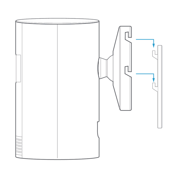 Diagram of Indoor Cam (1st Generation) installation, blue arrows indicating how camera base grooves align and lock onto wall-mounted bracket hooks.