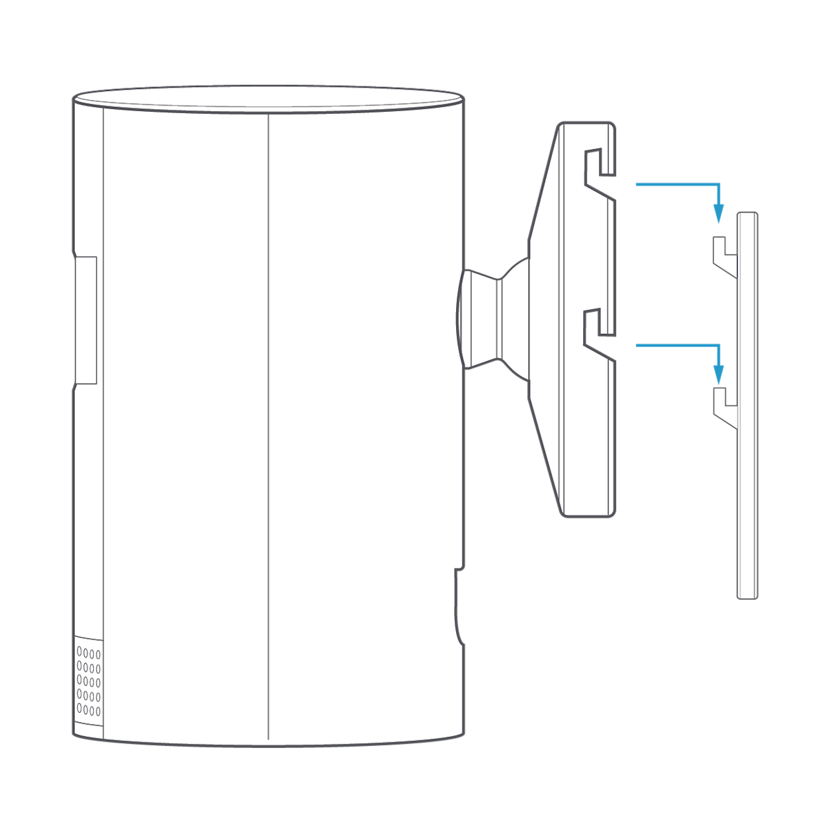 Diagram of Indoor Cam (1st Generation) installation, blue arrows indicating how camera base grooves align and lock onto wall-mounted bracket hooks.