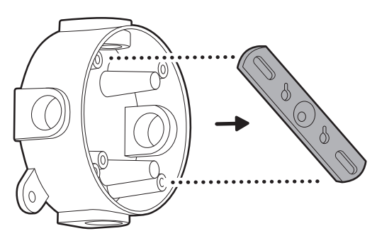 Illustration of how to remove your existing floodlight from the junction box, including any existing metal bracket, and disconnect the wires. 