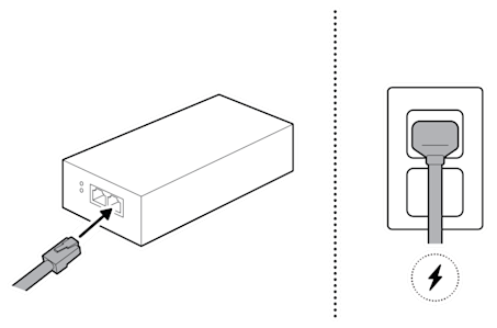 An illustration of the power adapter on the device being plugged into a wall outlet.
