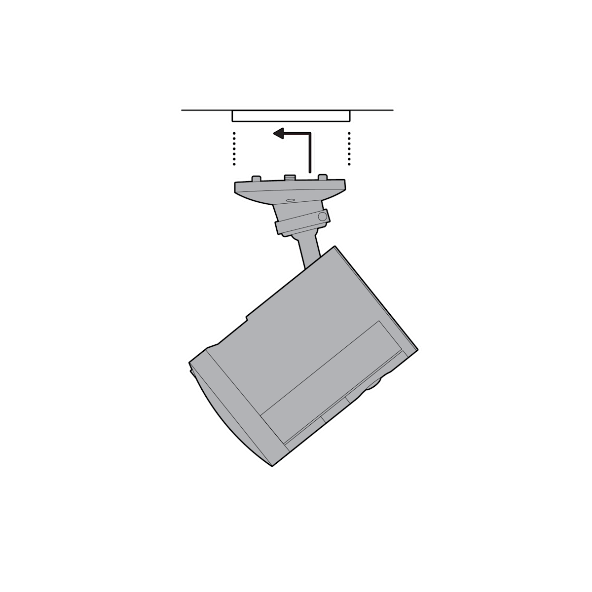 L shaped arrow pointing back to slide mounting plate until it clicks.