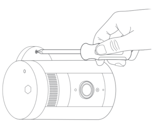Illustration of how to access the security screw on the base of the Outdoor Cam when it is mounted to a wall.
