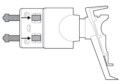 An illustration of the metal straps being looped through slots on the mounting bracket.