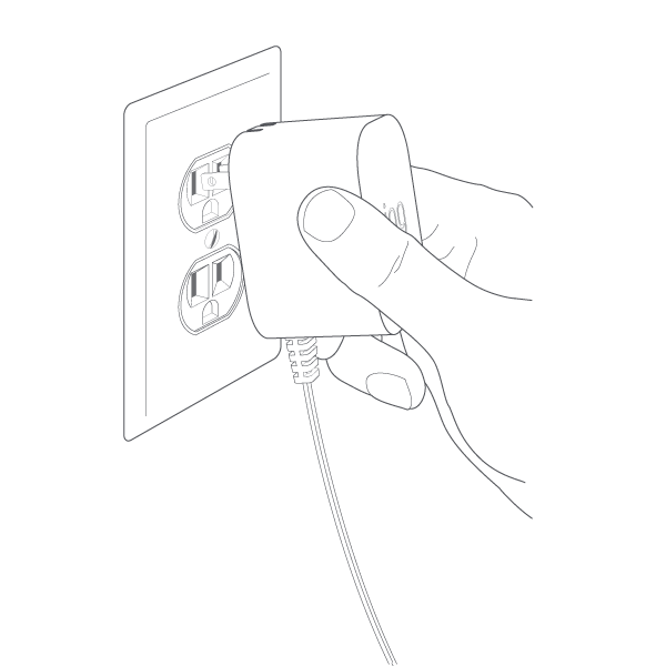 Illustration showing a Ring branded power adapter being plugged into a wall outlet.