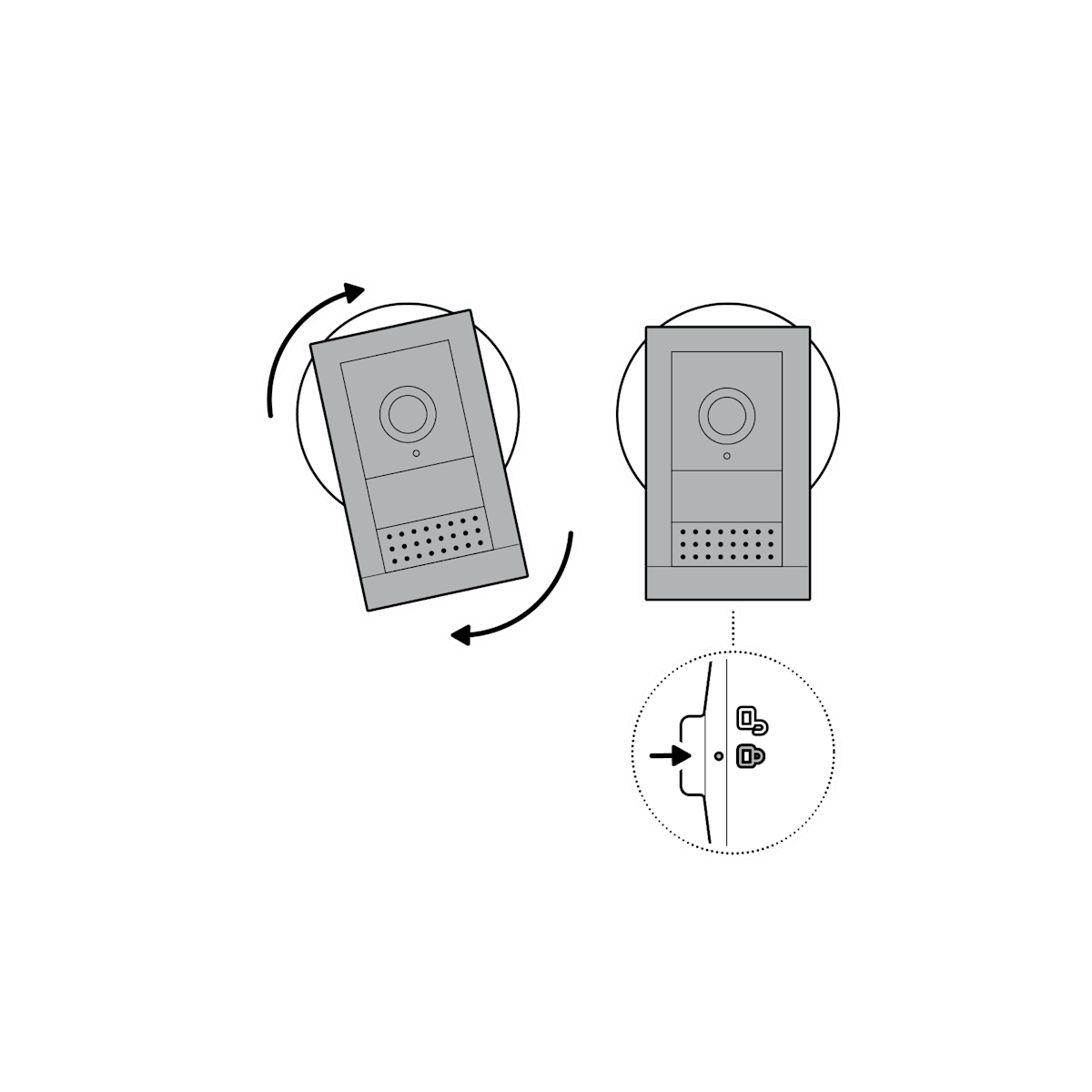 Illustration of a camera facing front with arrows twisting clockwise to straighten the camera, and an arrow pointing toward a closed lock symbol on the mount.