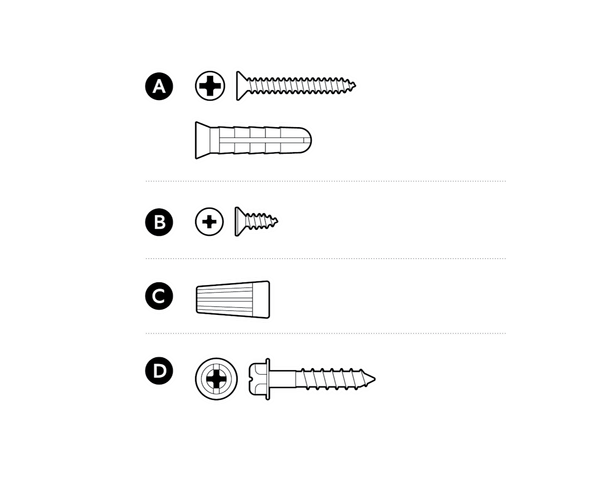 Illustration to show screws, wall plugs and wire plugs included.