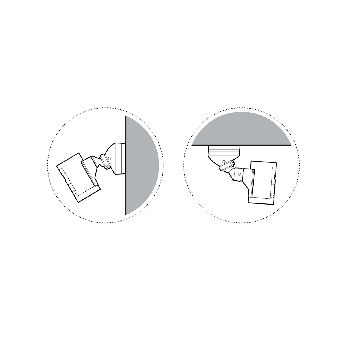 Illustration of a camera facing down left mounted on a grey wall to the right. Illustration of a camera facing down and right, mounted on a ceiling above it.
