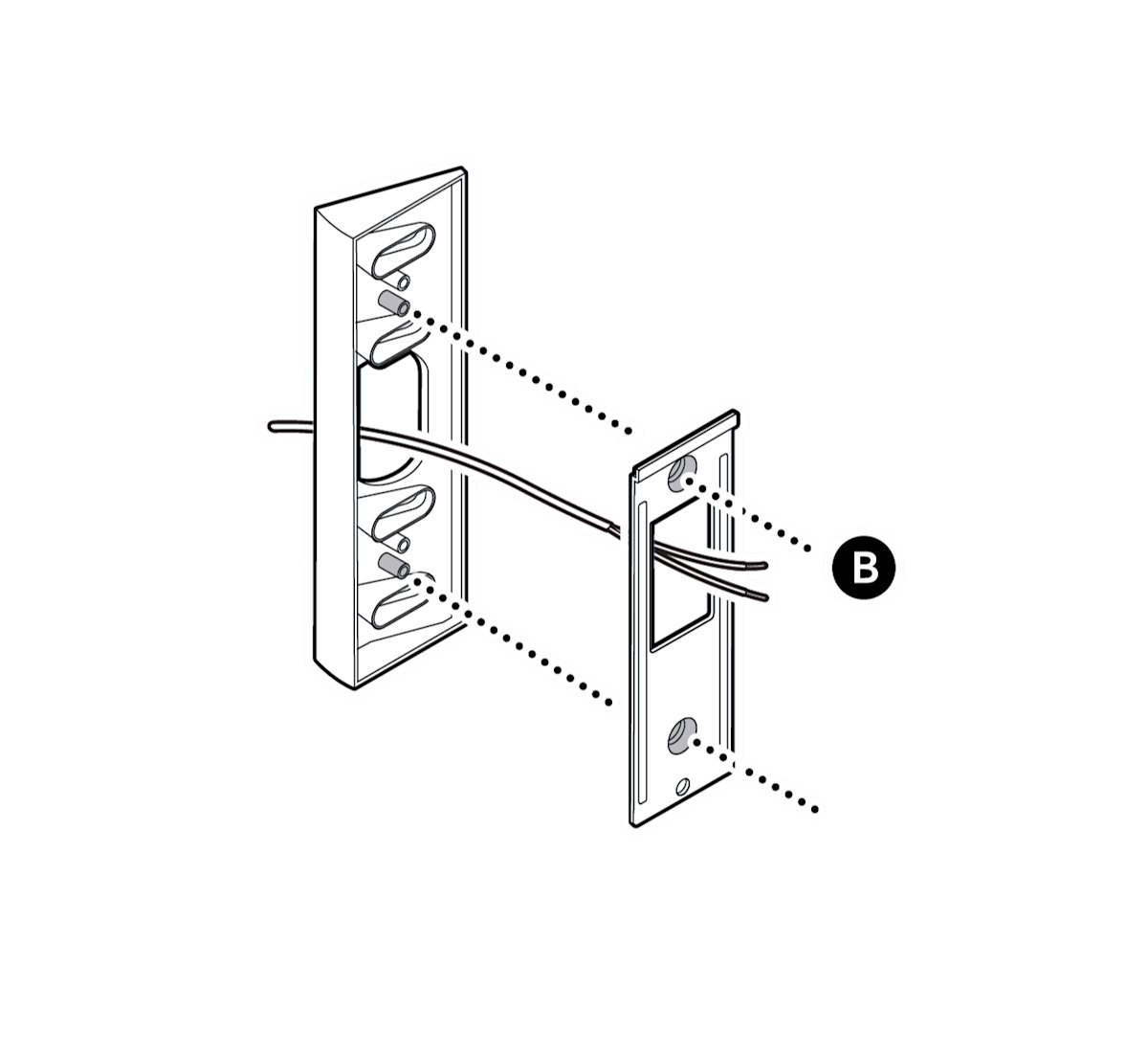 A mounting bracket placed directly over the doorbell wiring with the included screws.
