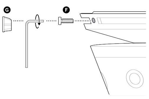 An illustration of the mount cover being secured using the included L-shaped hex key, screws, and rubber caps labeled F and G respectively.