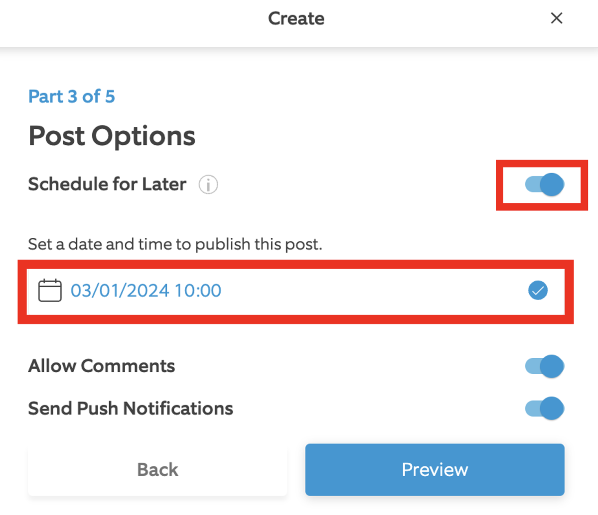 Red box highlighting schedule for later toggle and date.