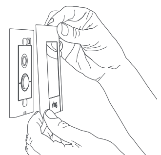 Illustration of hands holding a rectangular faceplate in front of a doorbell.
