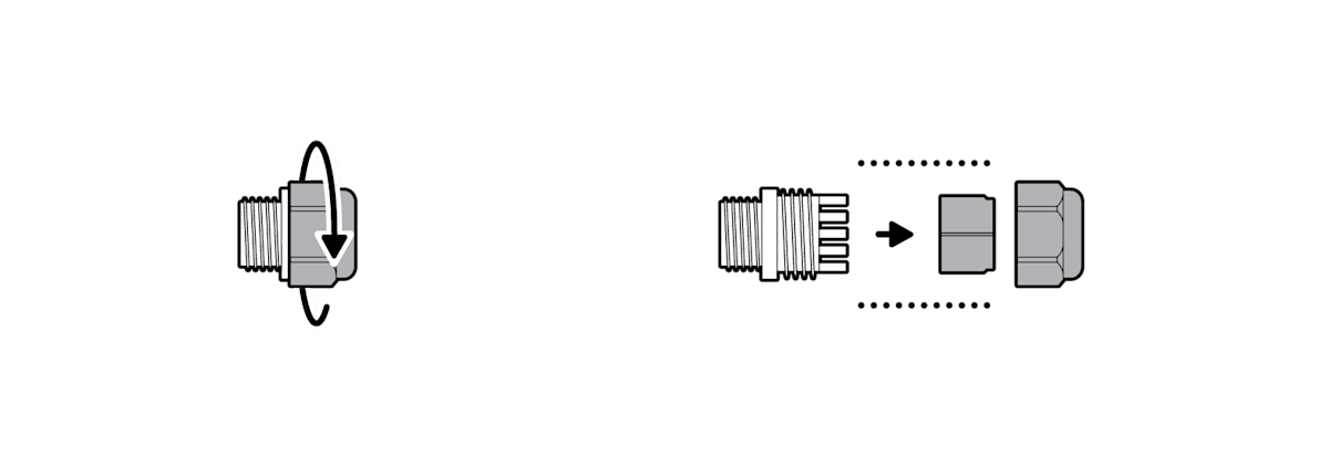 Illustration showing to unscrew the cap on the PoE to USB-C Adapter.