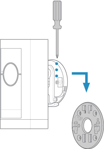 Illustration of how to slide the camera with its mount onto the mounting plate, then tighten the security screw. 
