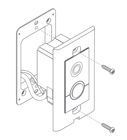 An illustration of a doorbell connected to wiring in front of a mounting bracket with dotted lines directing mounting screws to holes in the bracket. 