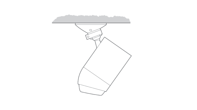 Illustration showing the Camera mounted on an eave or overhang with the ball joint pointing up for appropriate positioning.