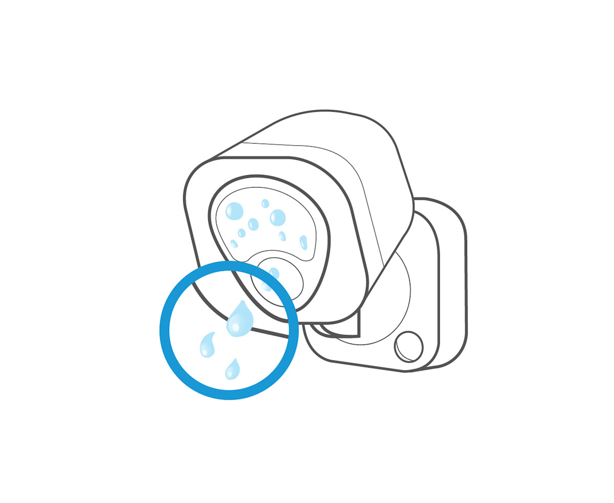 Line drawing of water droplets with blue circular frame in front of a Ring Smart Light
