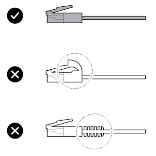 An illustration of an appropriate Ethernet cable to use as a power source, with the appropriate cable lacking a pusher or strain relief.