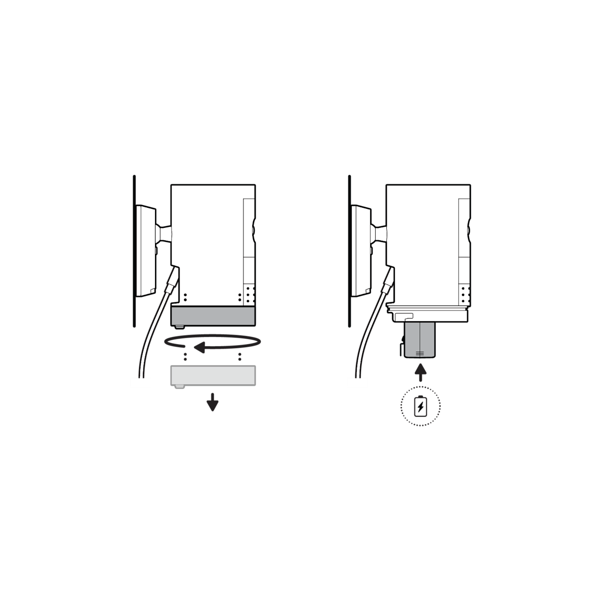 Illustration showing the battery pack being inserted and the battery compartment being twisted closed.