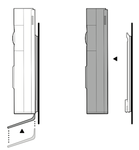 Illustration showing how to insert the removal tool to release the doorbell from the bracket. 