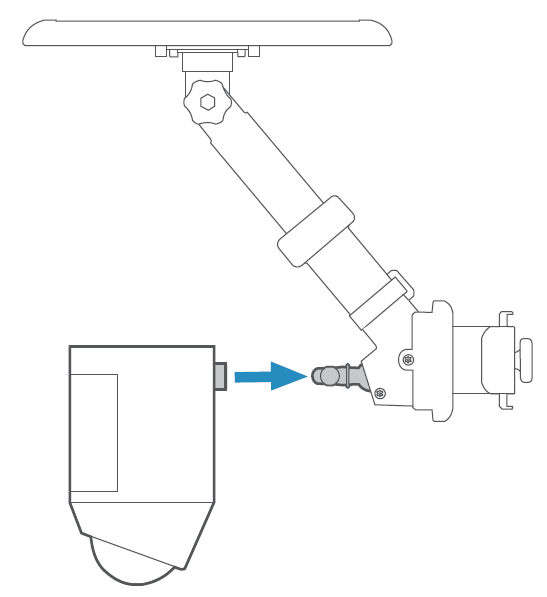 Illustration of a Spotlight Cam with an arrow showing how to insert the plug into the connector on the Pole Mount.