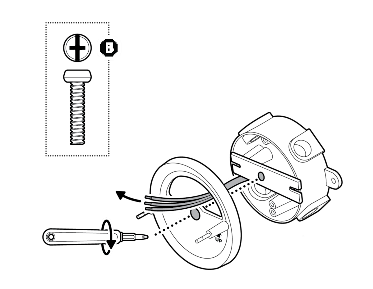 Illustration to show how to feed the wires over the metal mounting bracket, through the mounting plate, and attach them together with the included screw.