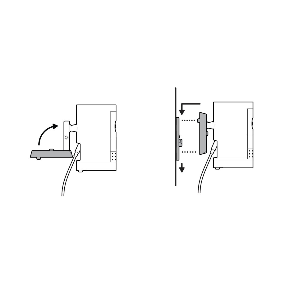 Illustration showing to clasp the camera mount and attach your camera to the mounting plate by sliding until you feel a click.
