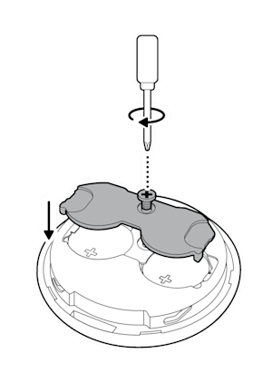 Illustration to show reattaching the battery security plate using a screwdriver.