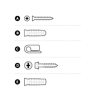 Illustration showing the screws and hardware included, labelled A to E.