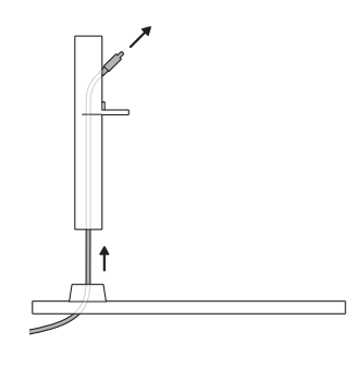 Illustration of a power cable routing up through the Candy Cam mounting arm with an arrow pointing up and away, showing the USB end coming out the top.