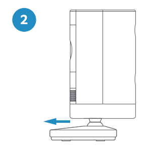 Illustration of a Stick Up Cam with an arrow pointing forward from the camera base showing how to rotate the base to the front.
